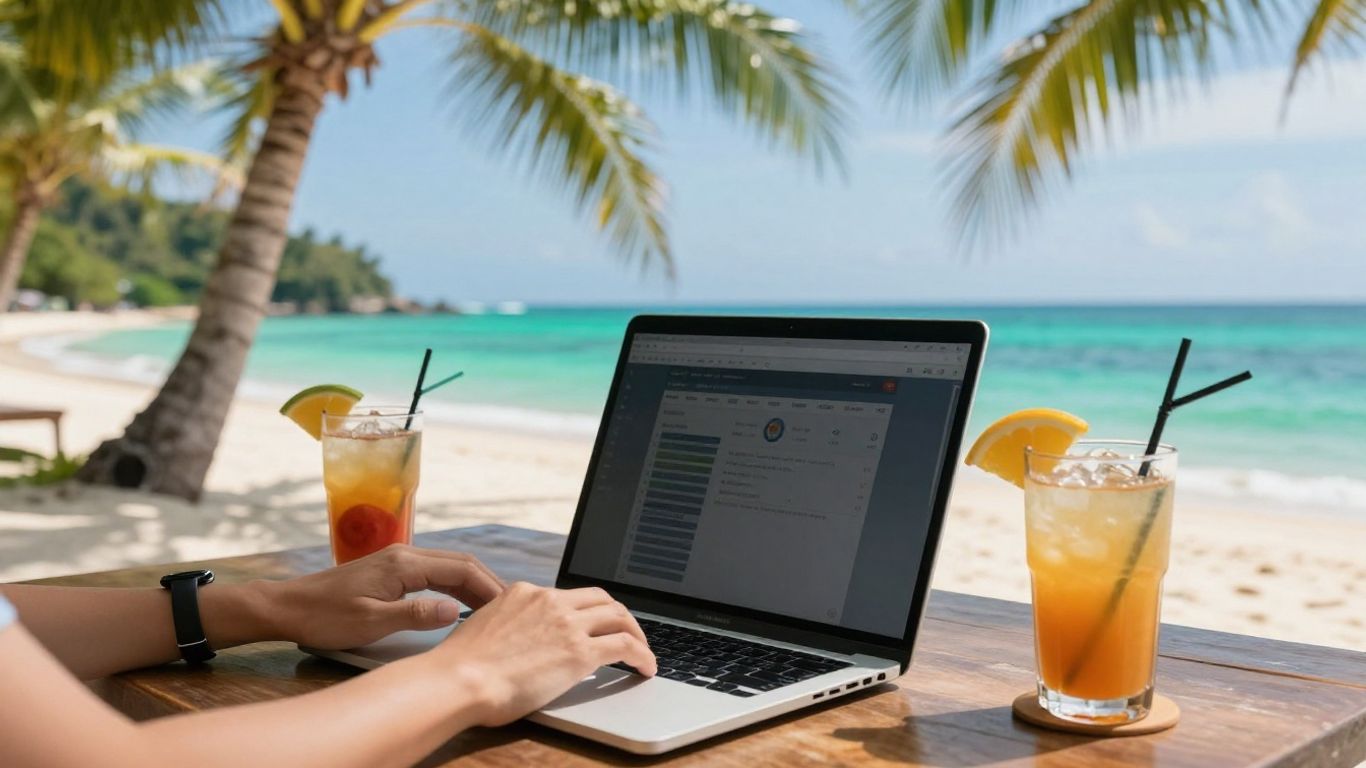 Digital nomad working on a laptop on a Thai beach.