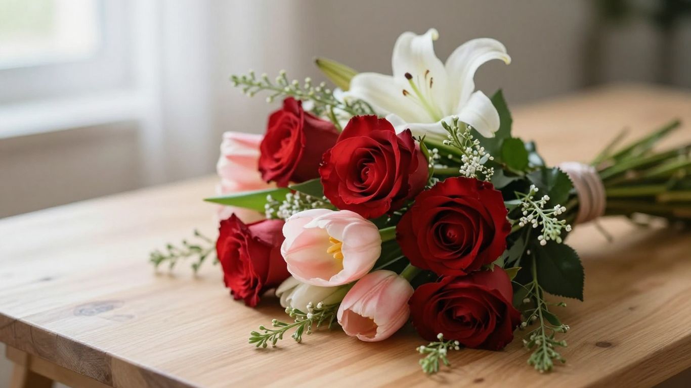 Romantic bouquet of roses and seasonal flowers