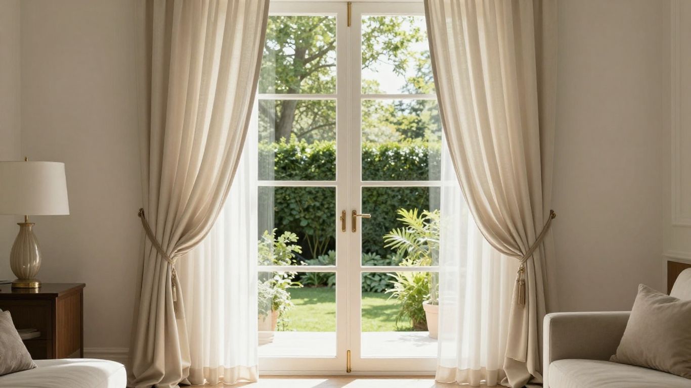 Elegant curtains framing a garden view in a sunlit room.