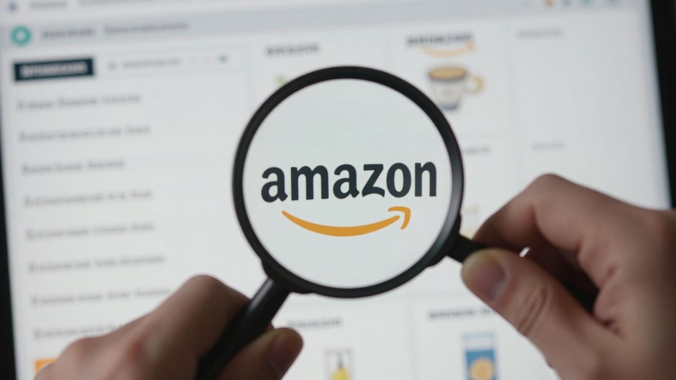 Magnifying glass over Amazon product listings, highlighting a single item.