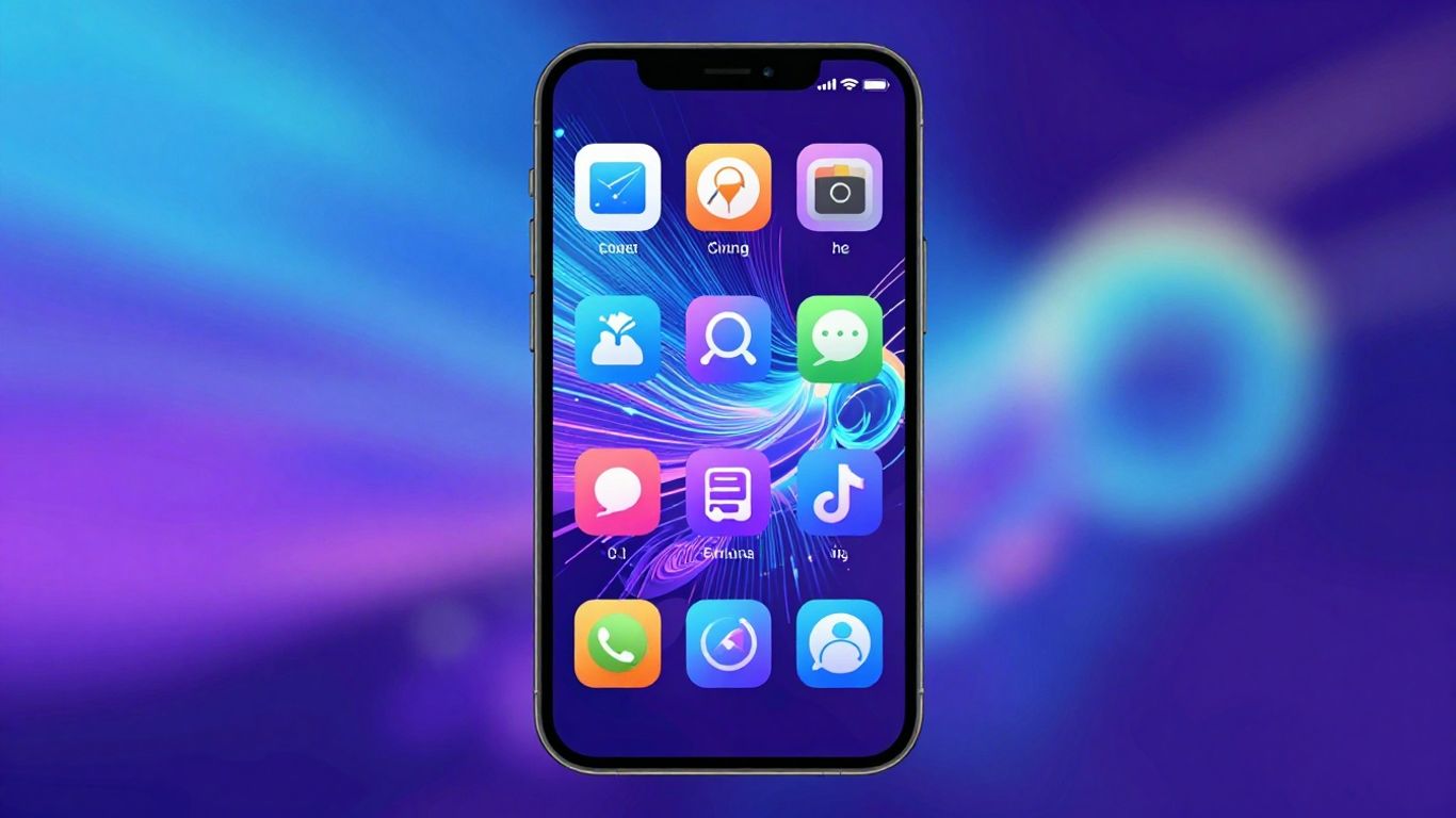 Smartphone displaying app icons and digital patterns.