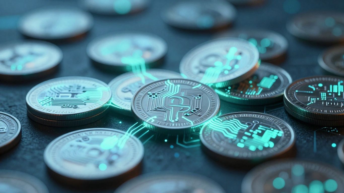 Glowing digital coins with circuitry patterns.