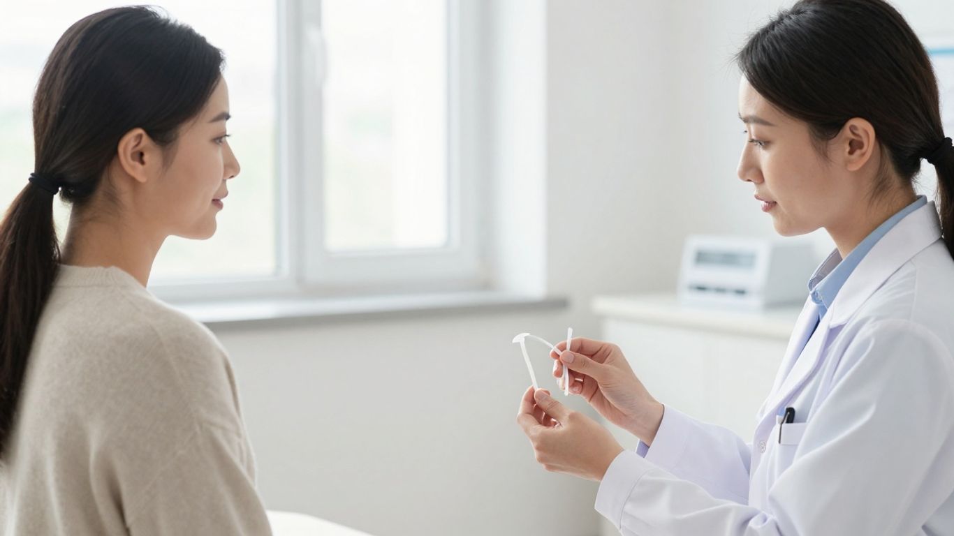 Profissional explica dispositivo intrauterino em consultório