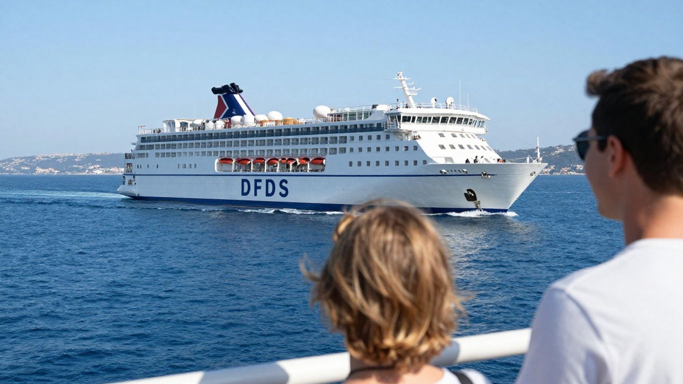 DFDS mini cruise ferry sailing on blue sea.
