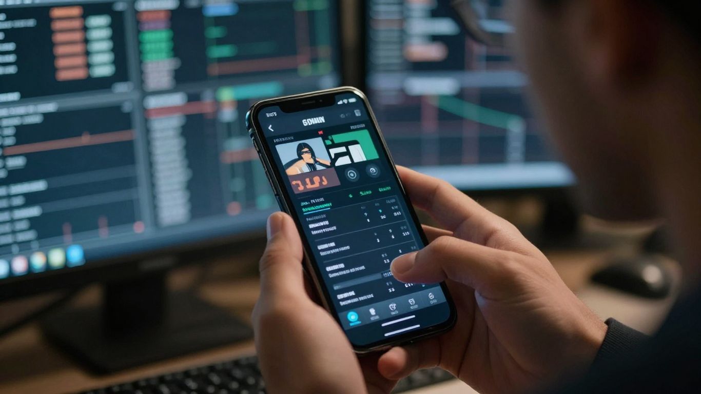 Hands holding smartphone with trading data.