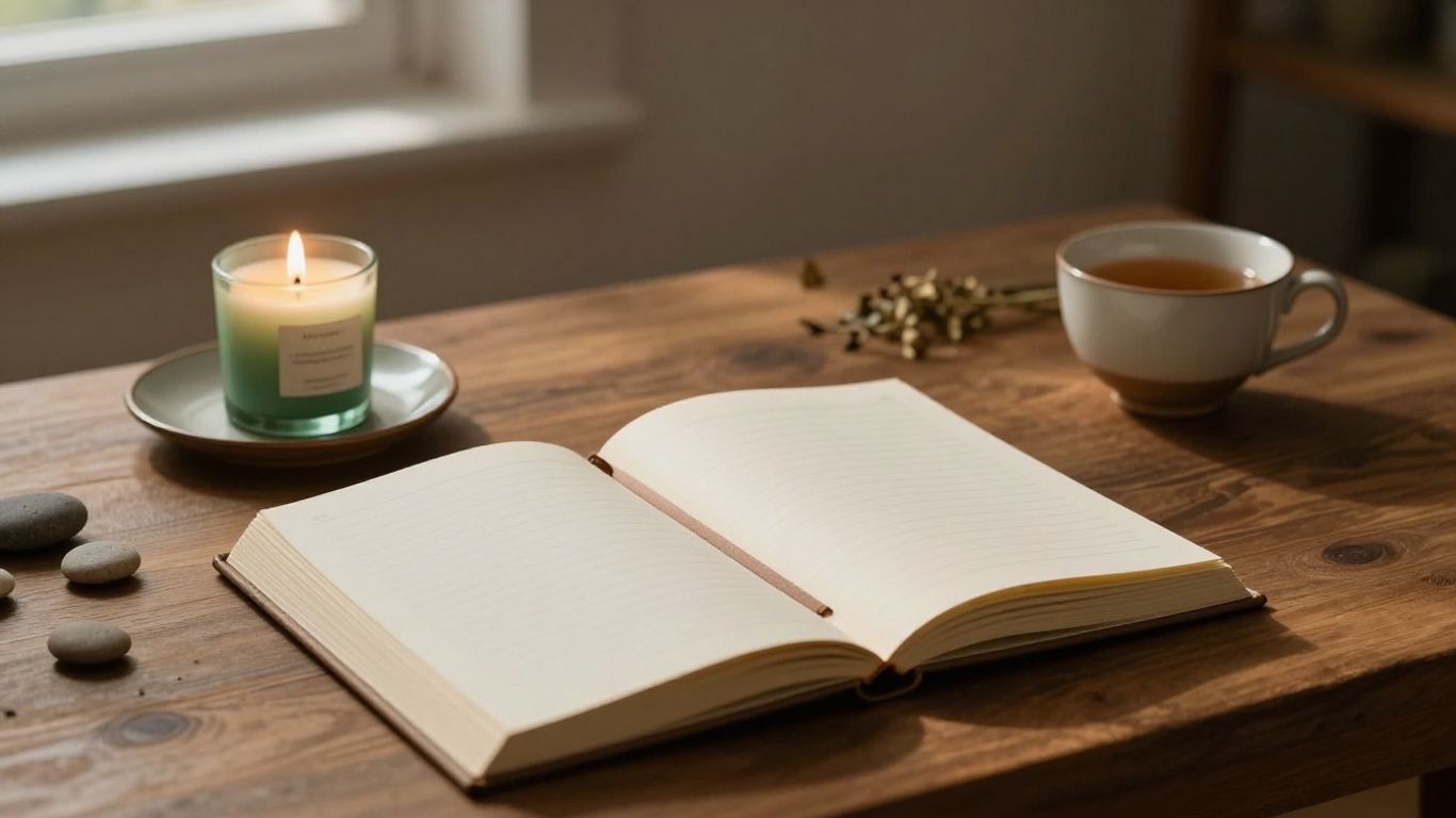 Candlelit journal and simple abundance ritual objects