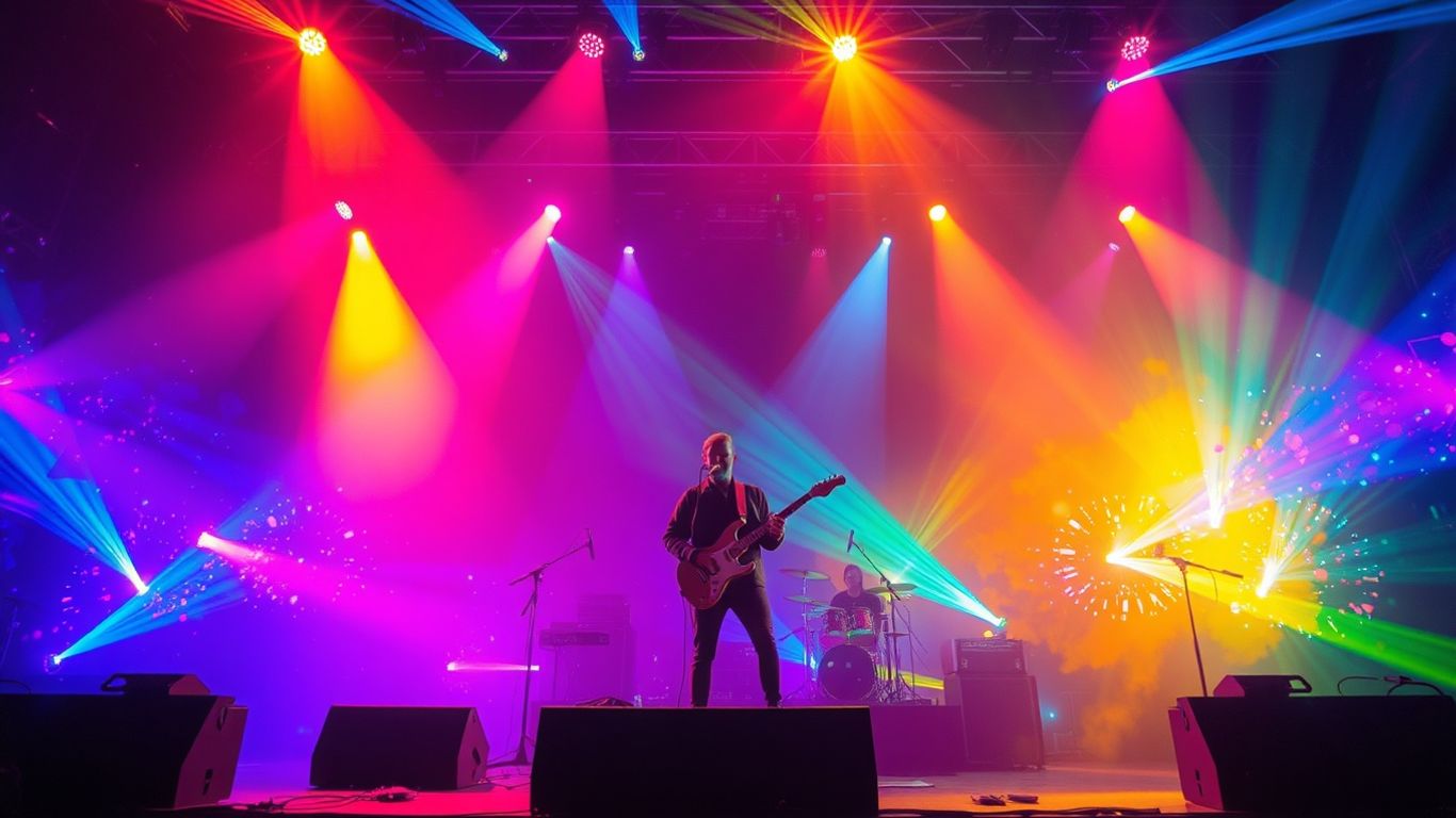 Musician performing on a spotlight-drenched stage with visual effects.