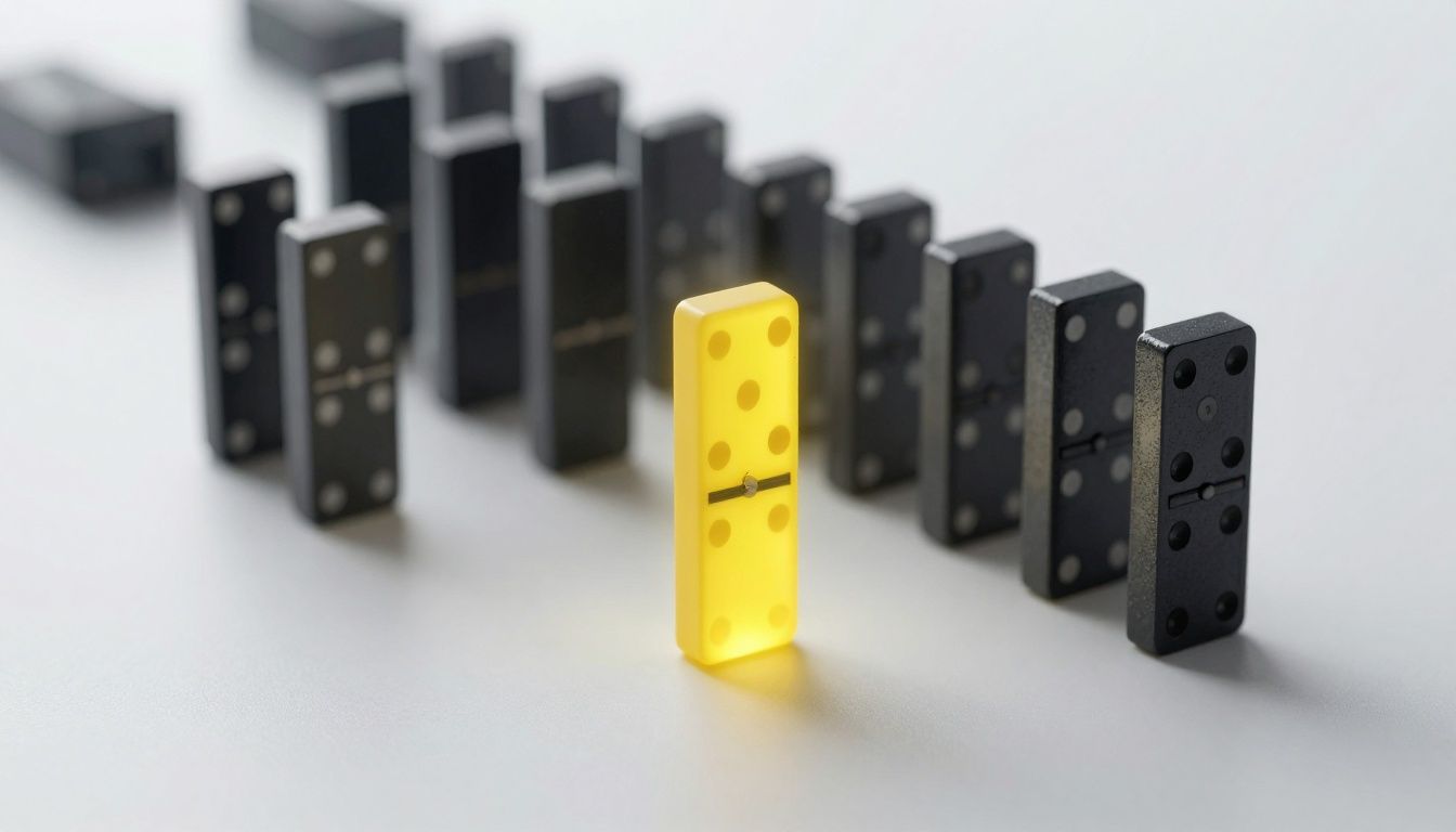 A single, brightly lit domino standing in a line of dark, unlit dominoes, symbolizing the one critical task that creates momentum.