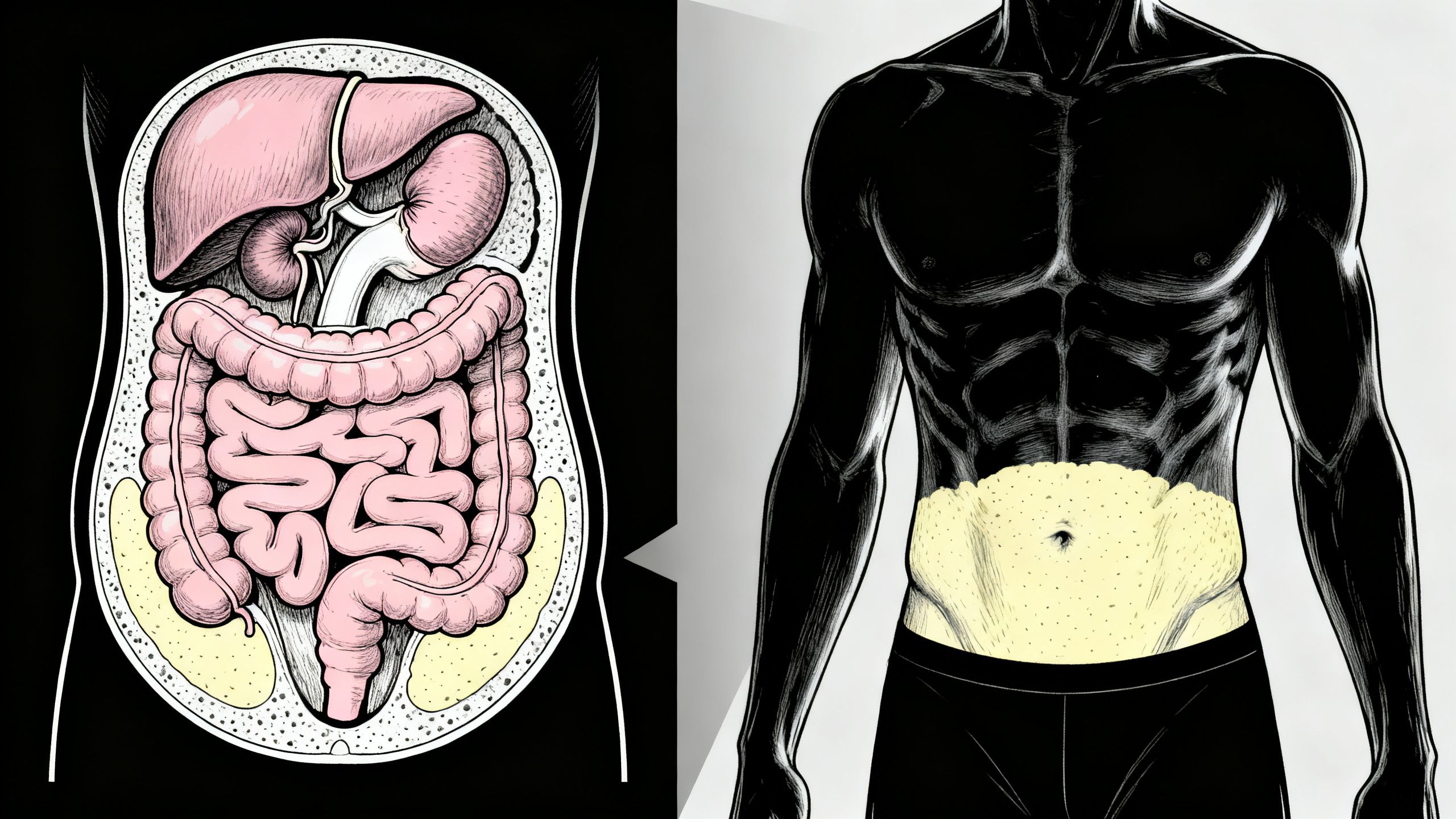 An anatomical illustration showing the reduction of visceral fat around internal organs, with a healthy, lean physique.