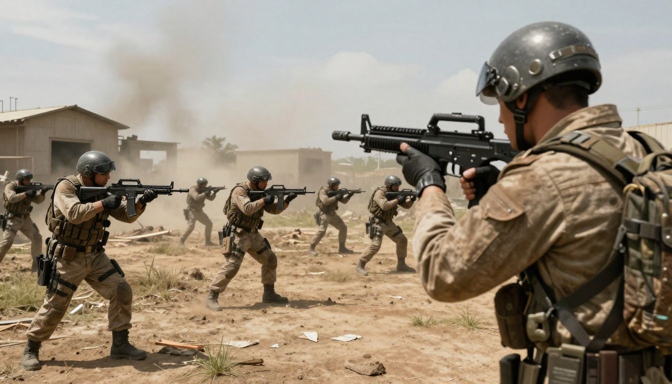 Um soldado futurista em um ambiente pós-apocalíptico com armas de alta tecnologia em um combate intenso