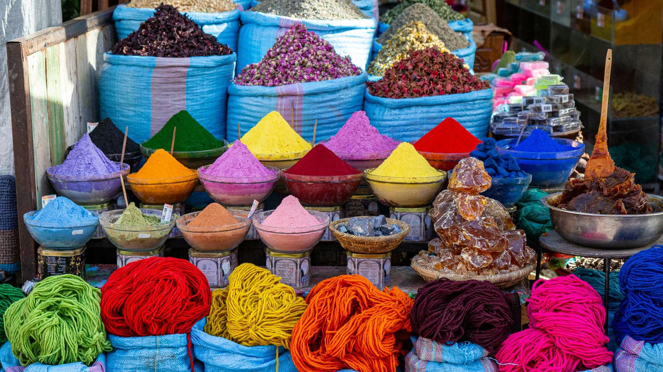 A vibrant display of spices and groceries