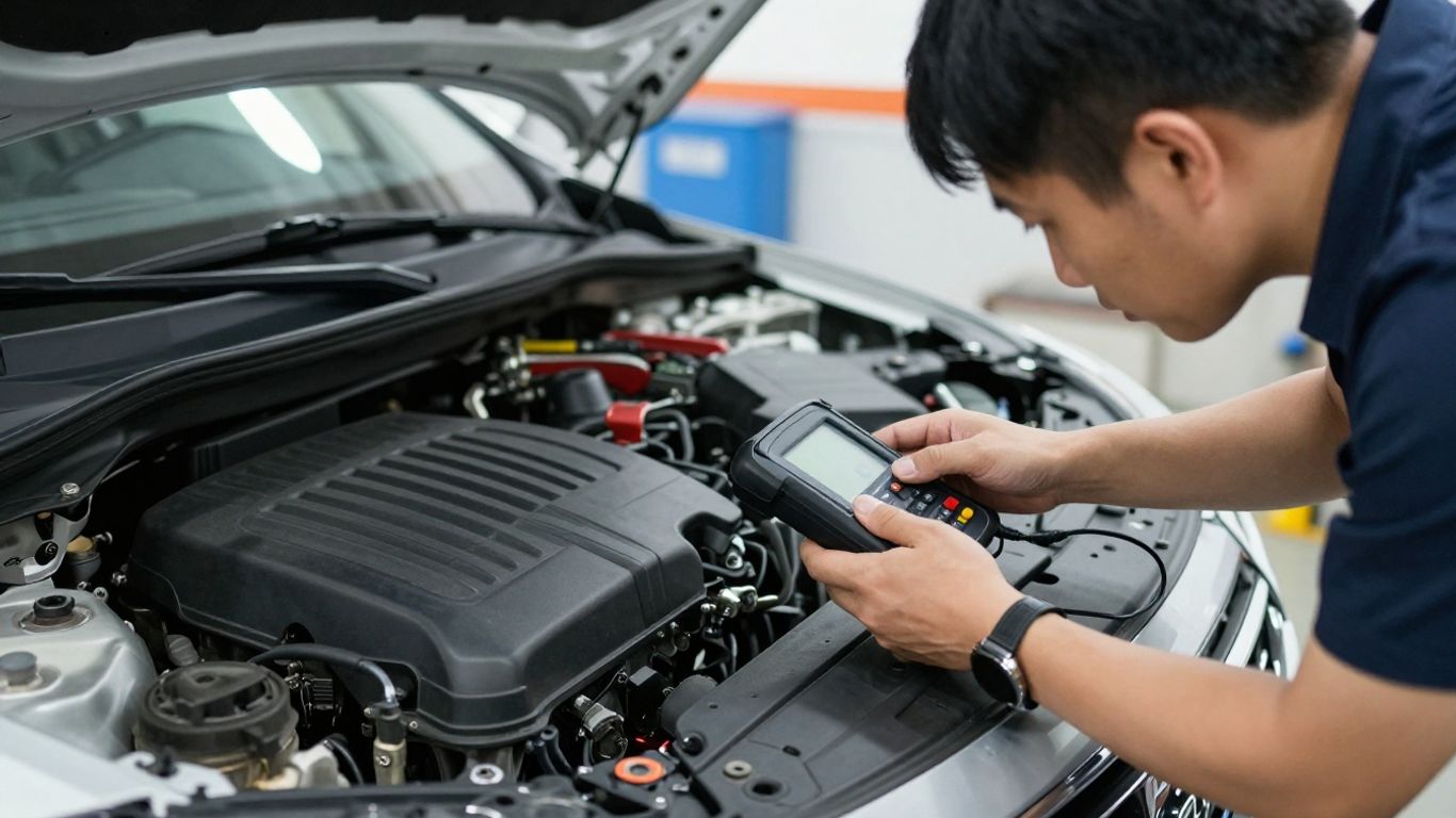 Technician inspecting an automotive engine