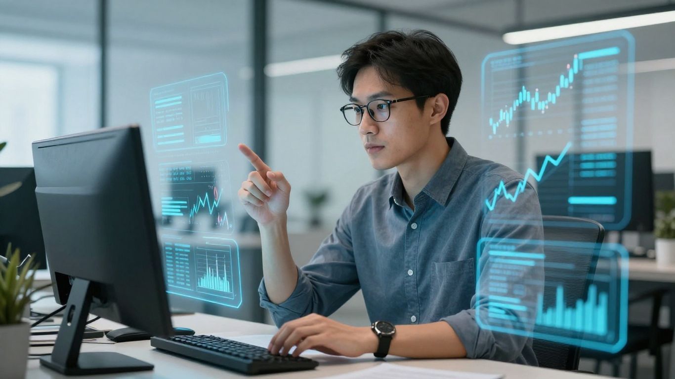 Hombre de negocios optimizando finanzas en oficina moderna.