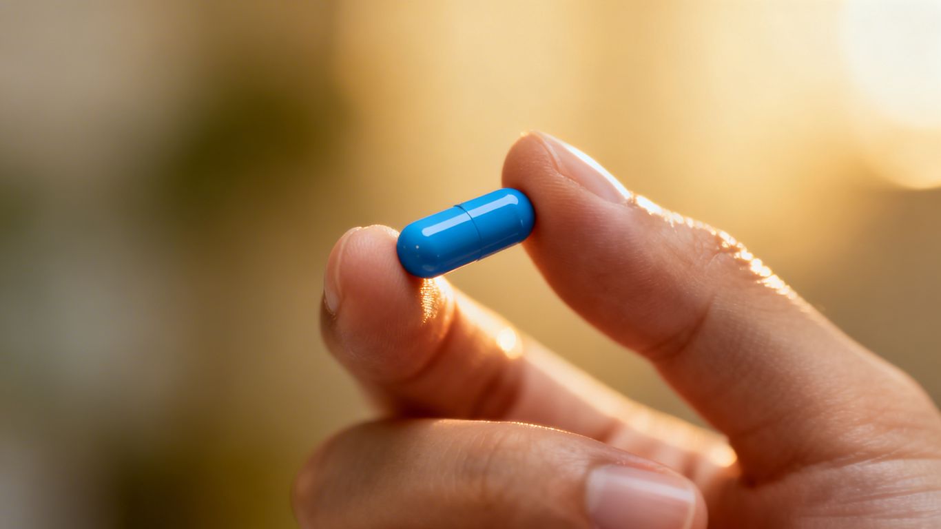 Blue pill in hand for anxiety relief.