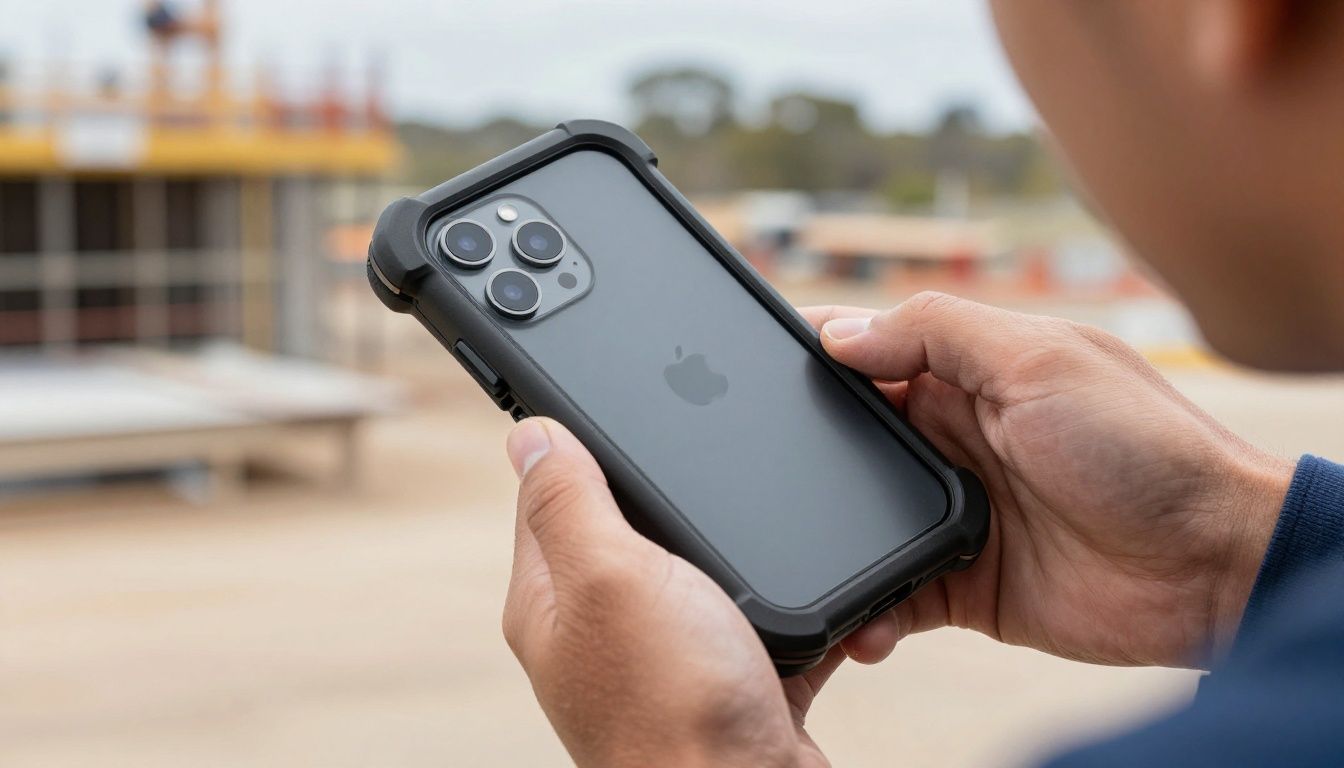 A tradie on a construction site in Australia, using their iPhone 17 Air which is protected by a rugged, waterproof case.