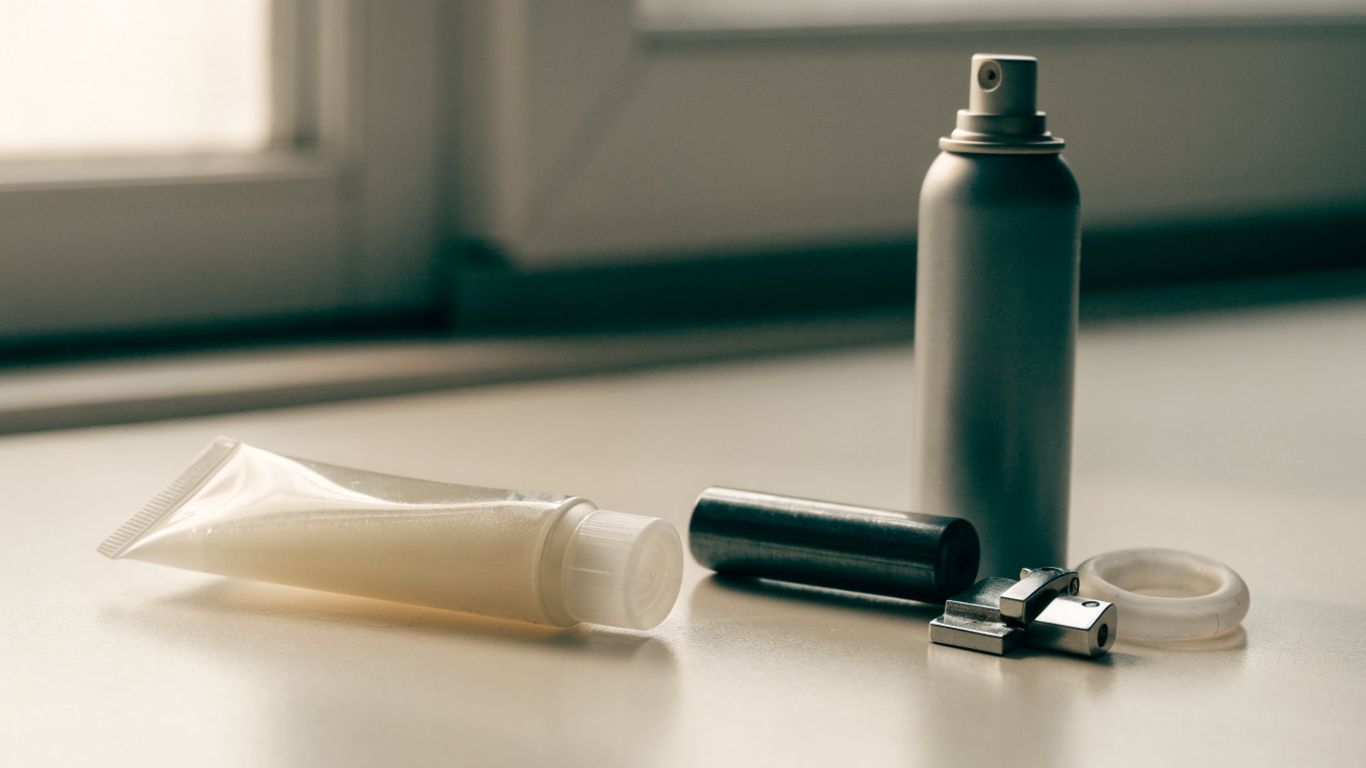 A tube of personal lubricant beside household maintenance supplies
