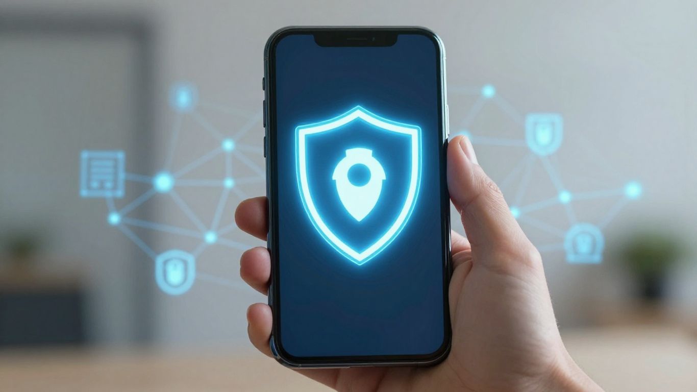Celular com escudo de proteção digital contra ameaças.