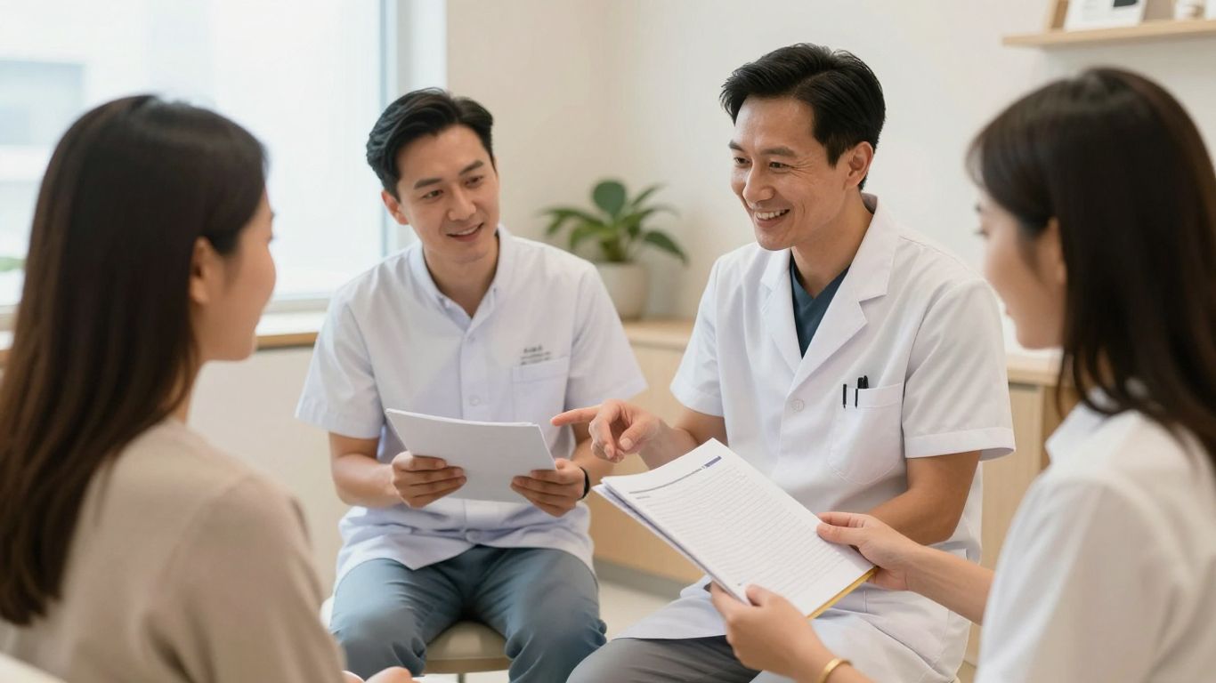 Friendly clinic staff explaining treatment options