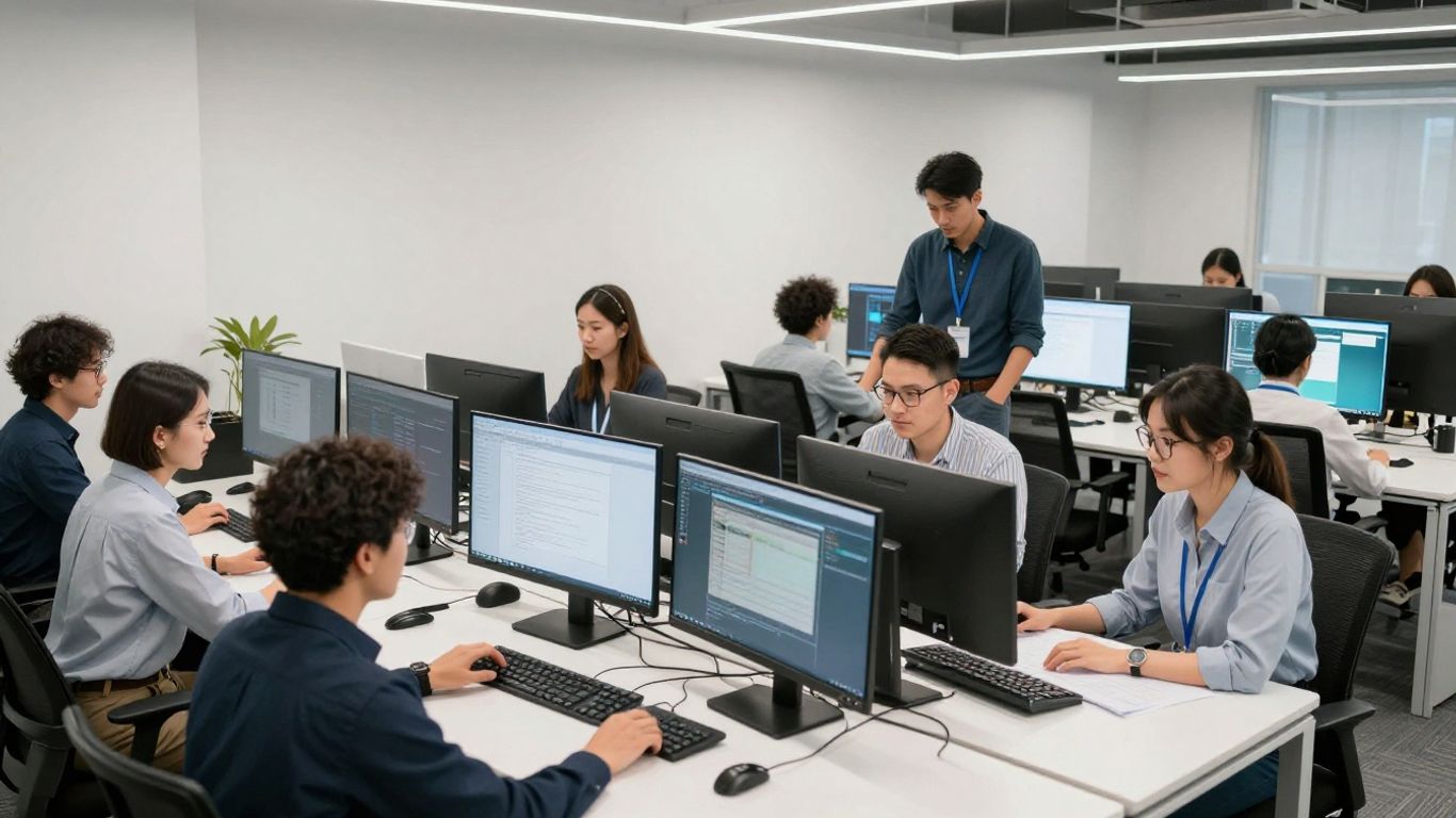 A diverse team collaborates in a modern office setup
