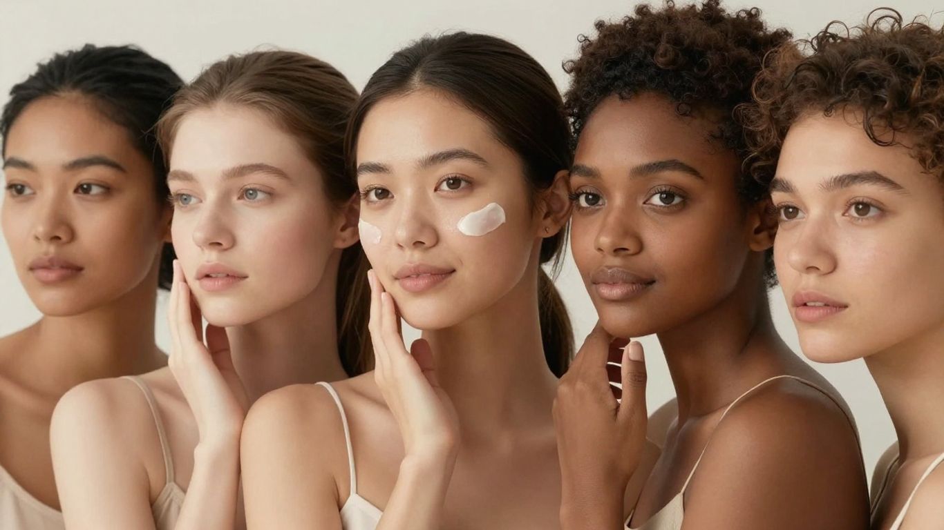 Diverse individuals with radiant skin applying skincare products.
