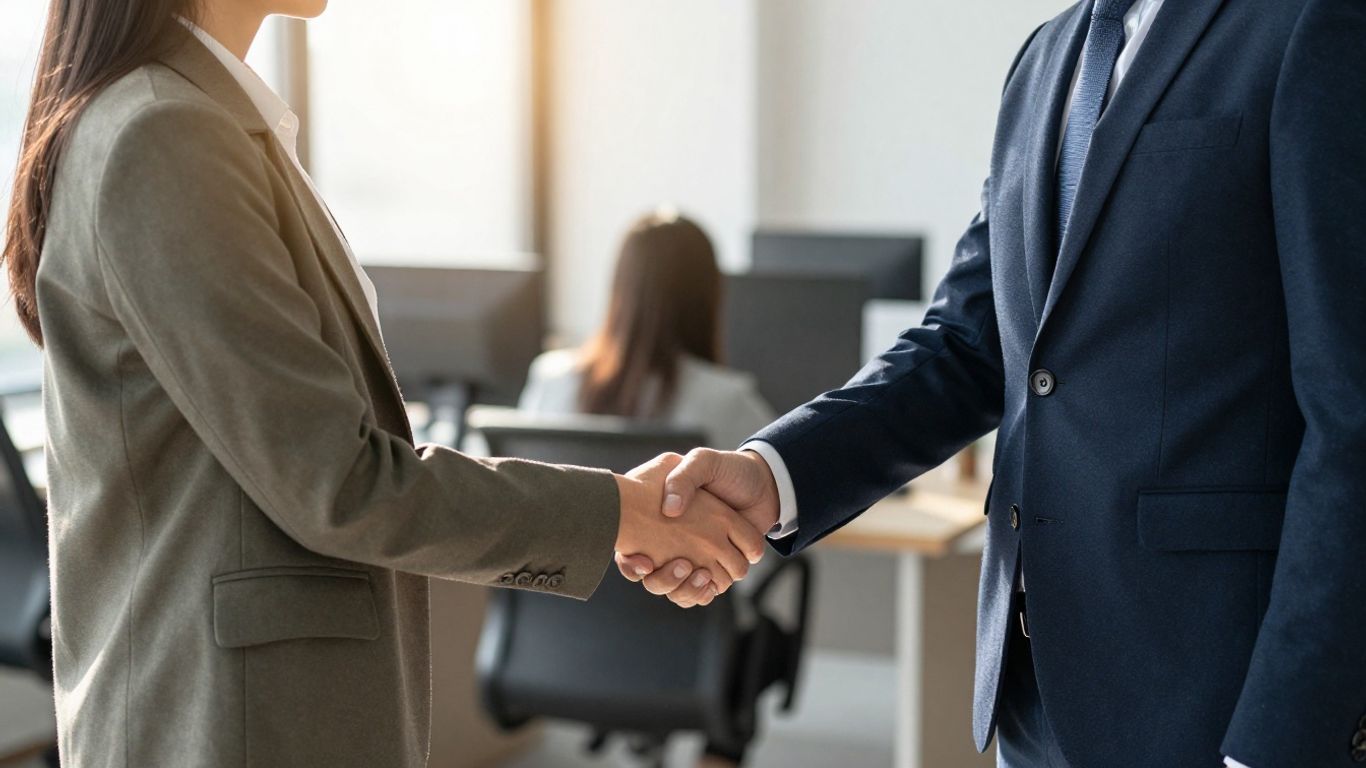 Händeschütteln zwischen zwei Geschäftspartnern im Büro.