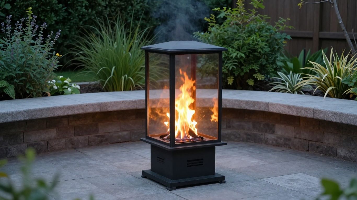 A freestanding biofuel fire beside outdoor seating