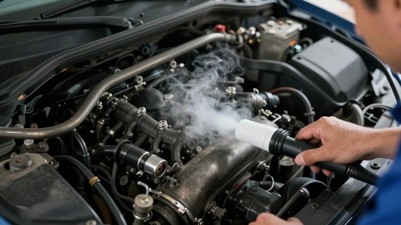 Professional mechanic using a smoke machine on engine