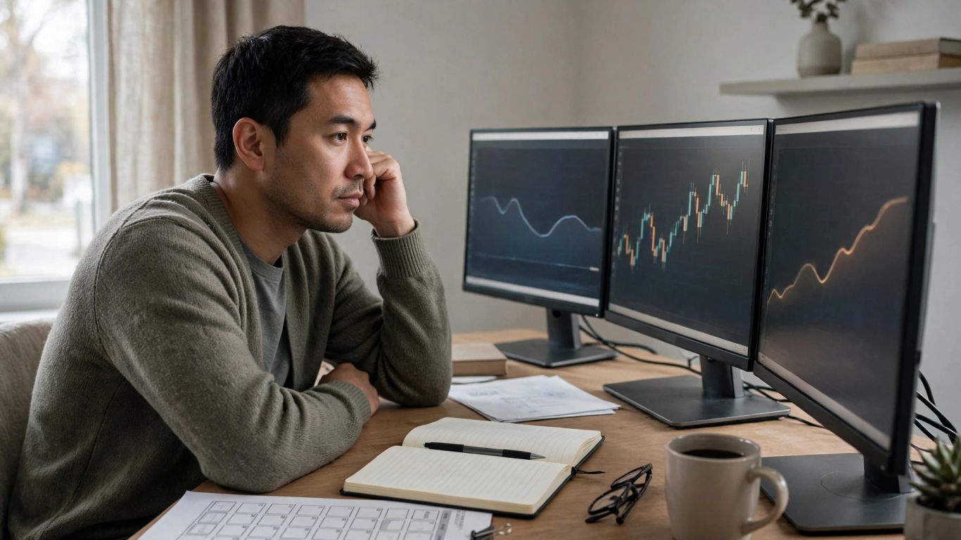 A trader studying price charts beside a market calendar