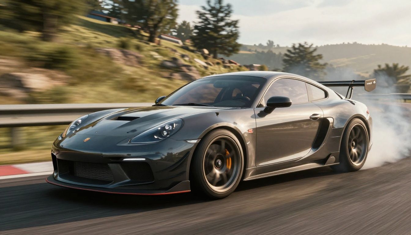 Carro esportivo realizando um drift controlado em uma curva de montanha no Forza Horizon, com fumaça dos pneus, cenário ensolarado e sensação de velocidade