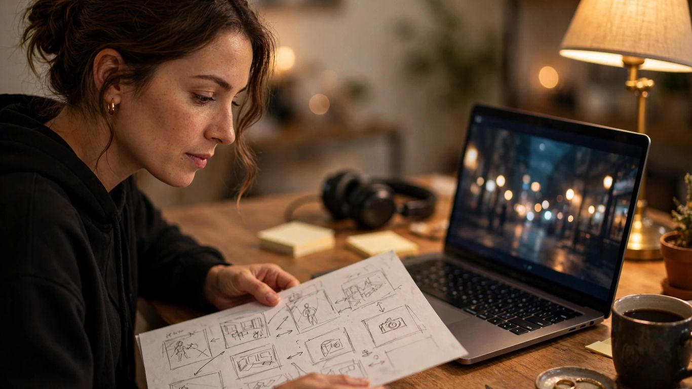 Creator planning a cinematic video prompt at a desk