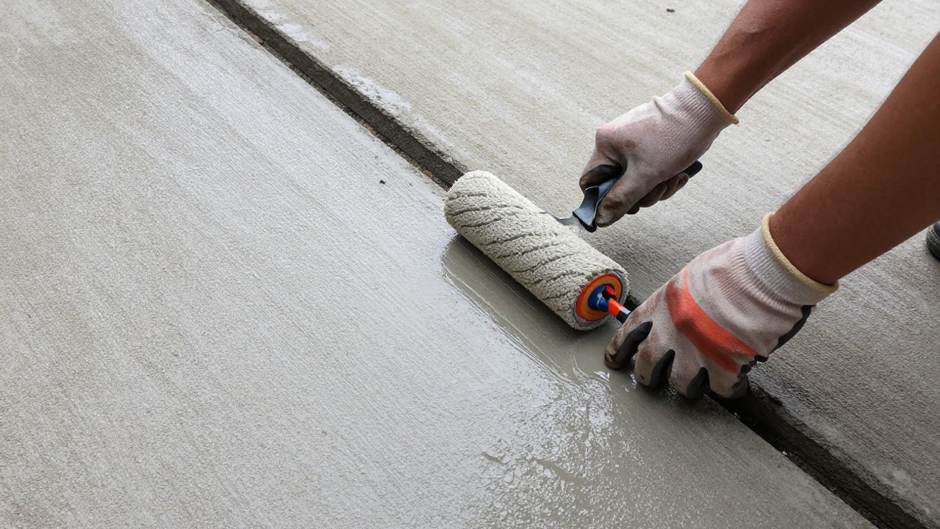 Worker applying textured concrete sealer evenly