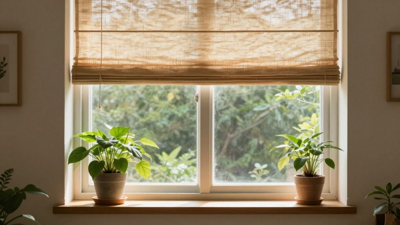 Eco-friendly blinds with natural light and plants.