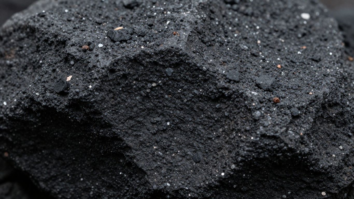 Close-up of dark, textured basalt rock with visible crystals.