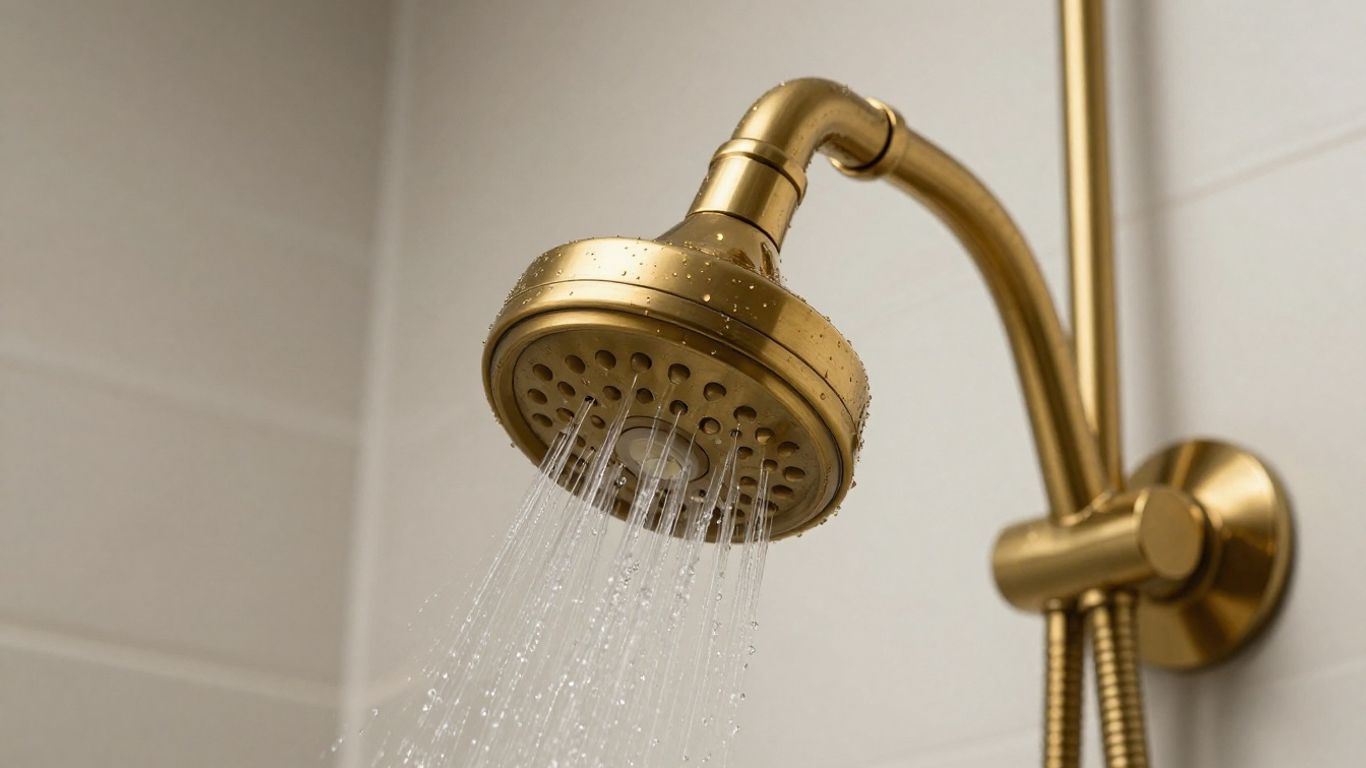 Brass thermostatic mixer shower head with water droplets.