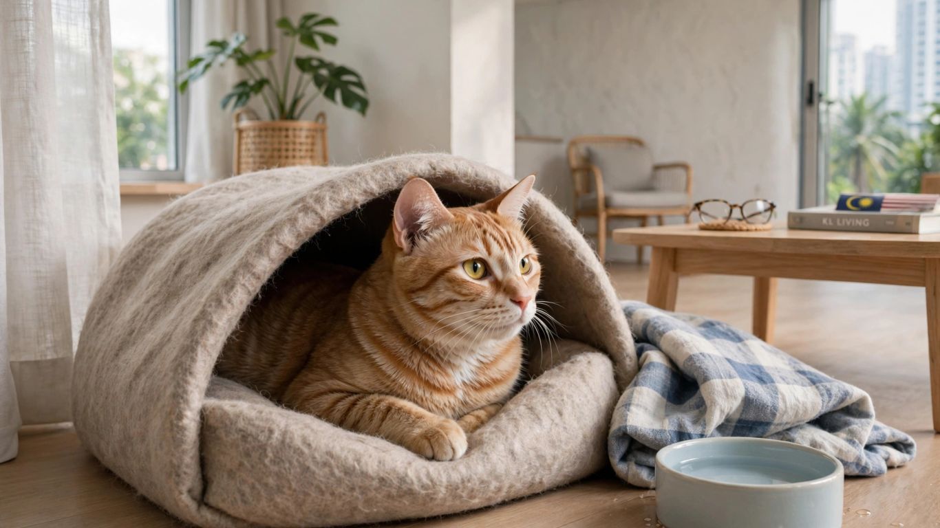 Cat resting quietly beside a familiar hiding place