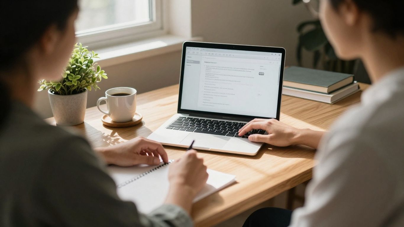Person focused on laptop at a clean, sunlit desk.