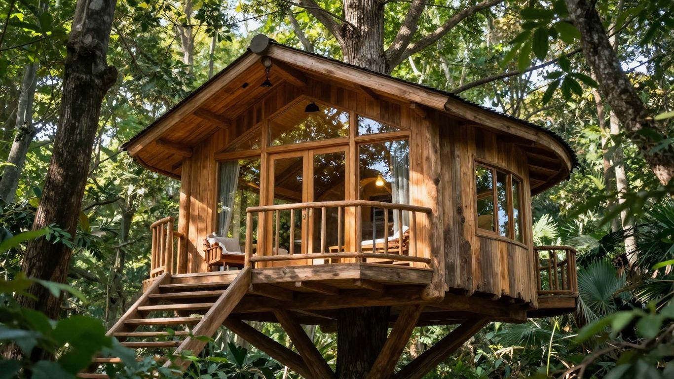 Unique treehouse Airbnb design in a forest setting.