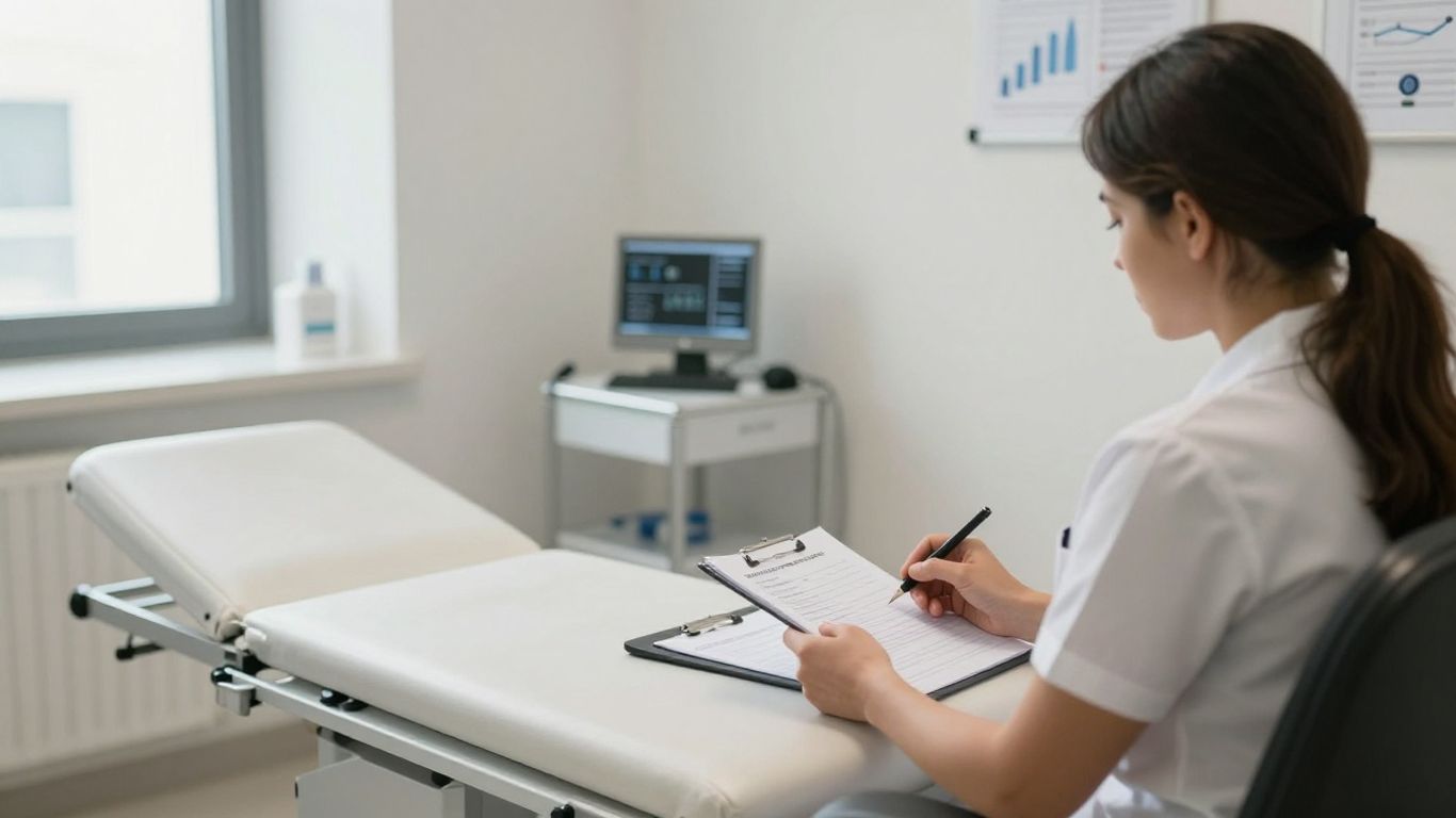 Clean medical consultation room with attentive doctor