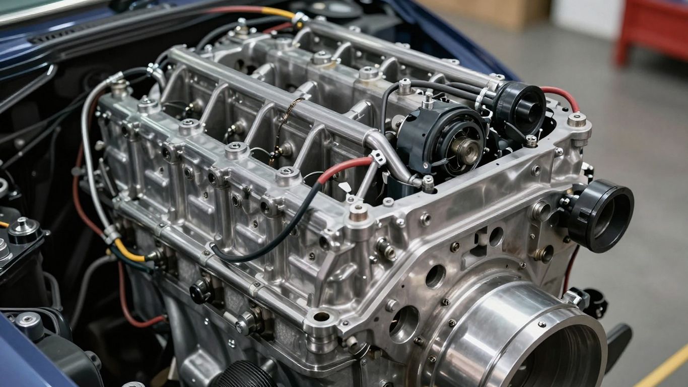 Rebuilt car engine with gleaming metal components.