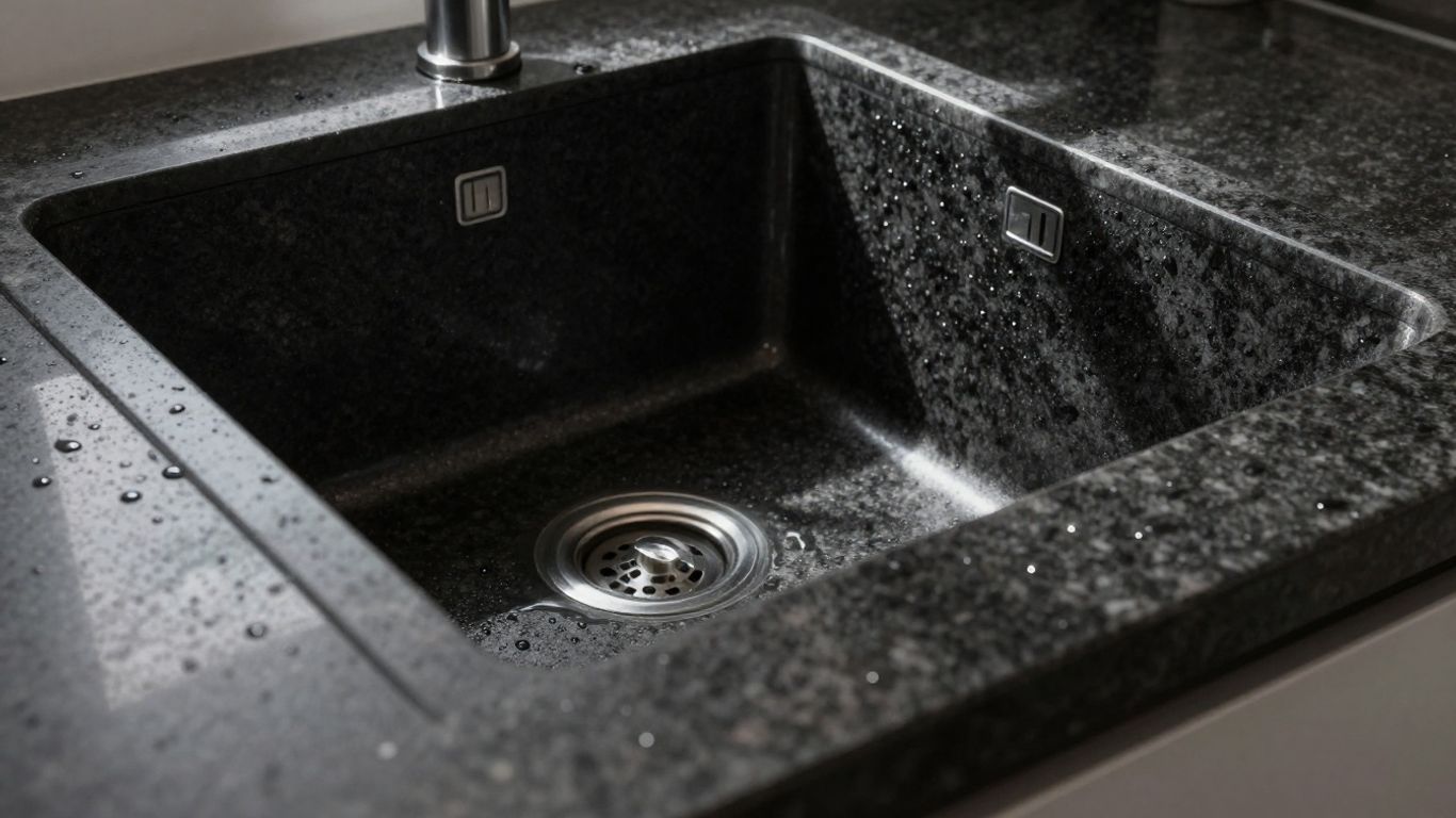 Granite kitchen sink with water droplets.