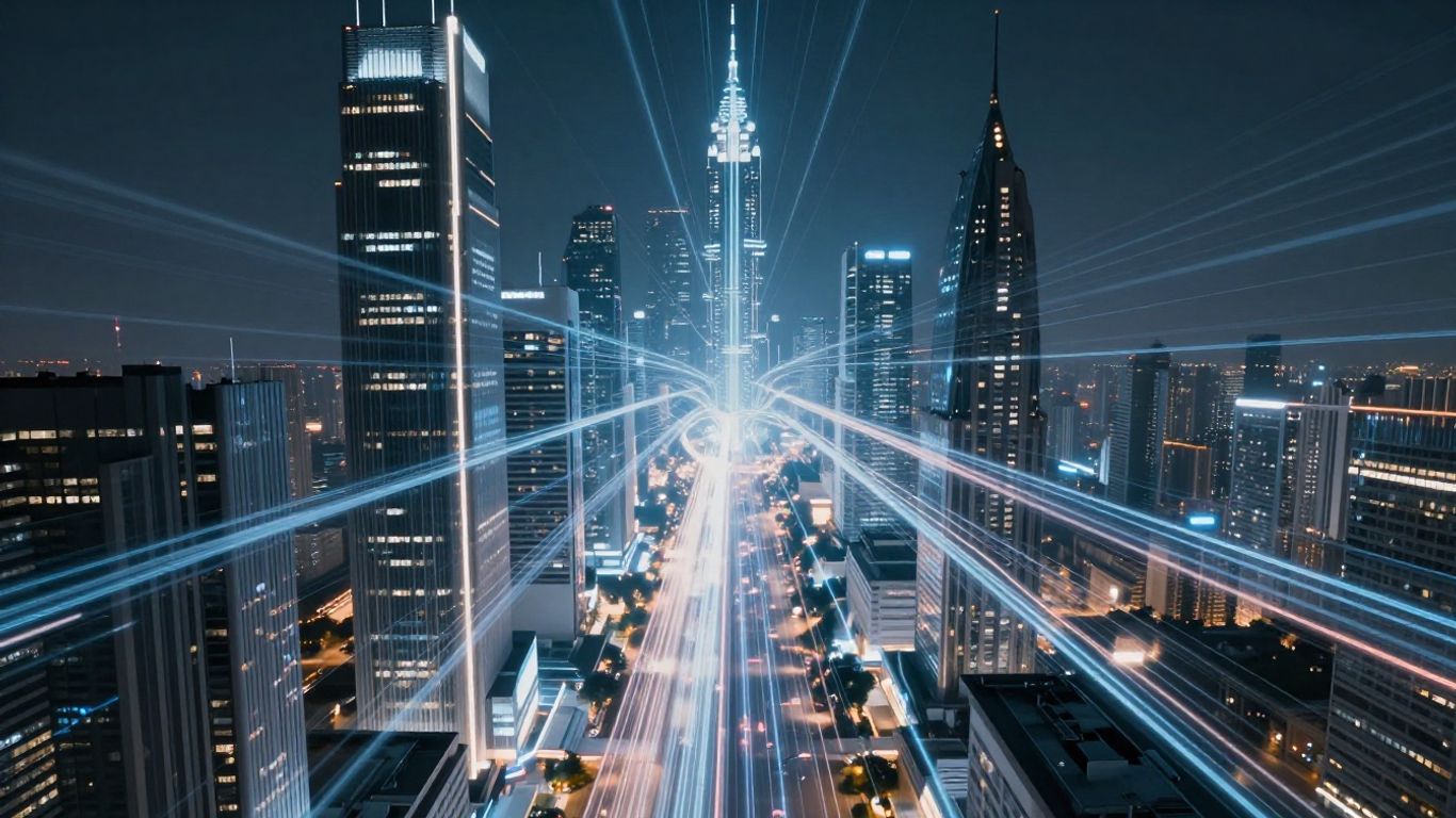 Futuristic cityscape with data streams