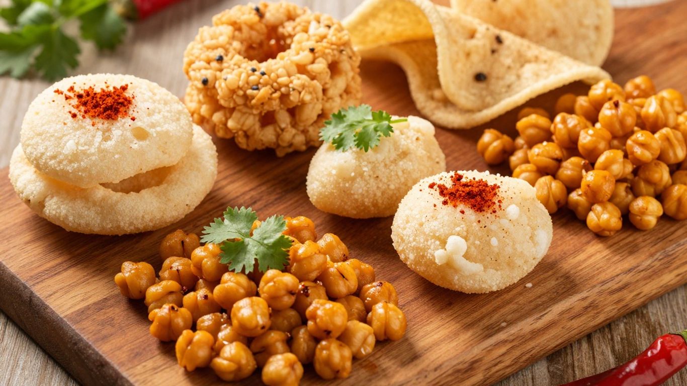 Healthy Indian snacks like murukku and chakli on a wooden board.