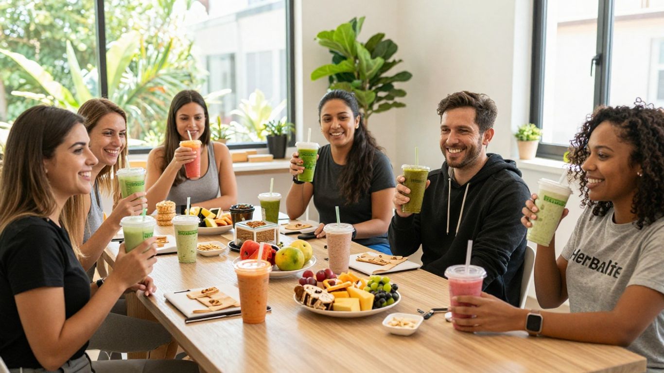 People enjoying Herbalife shakes at a local nutrition club.