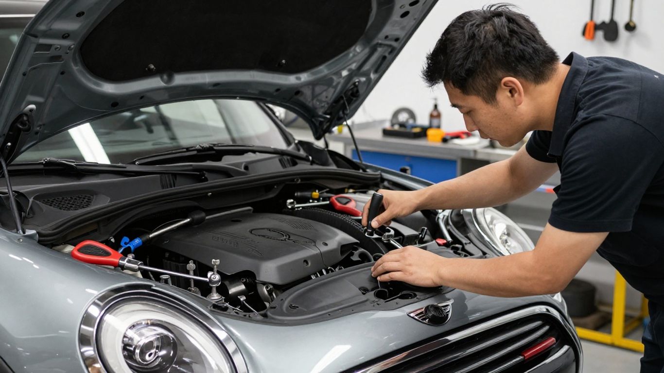 A technician inspecting a classic Mini Cooper for parts
