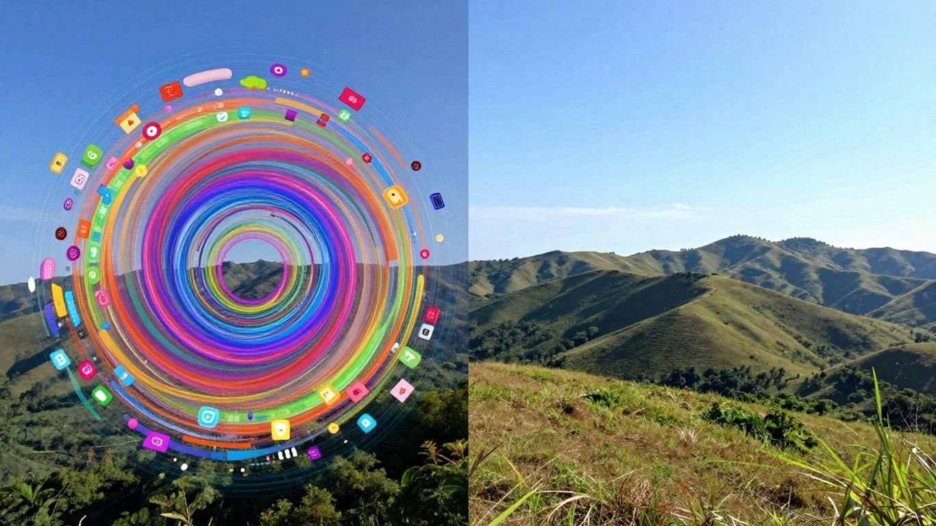 Digital icons and natural landscape split image.