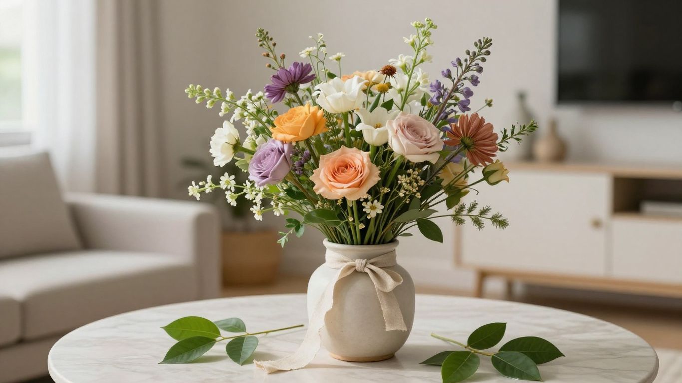 Hand-tied flowers arranged beside a ceramic vase
