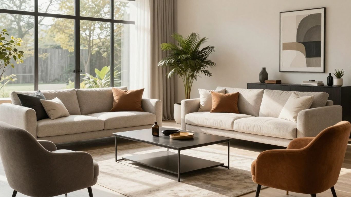 Stylish furniture in a bright Airbnb living room.
