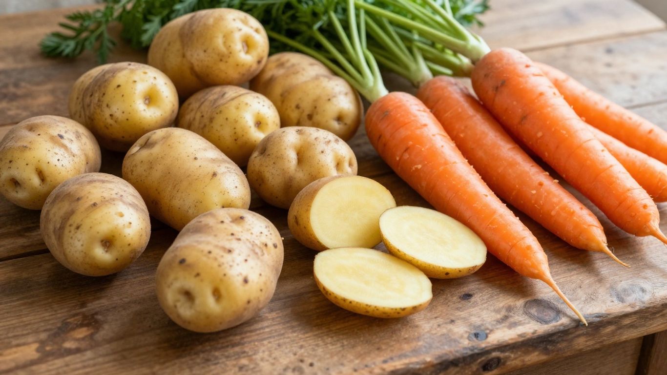Aardappelen en wortels op een houten tafel