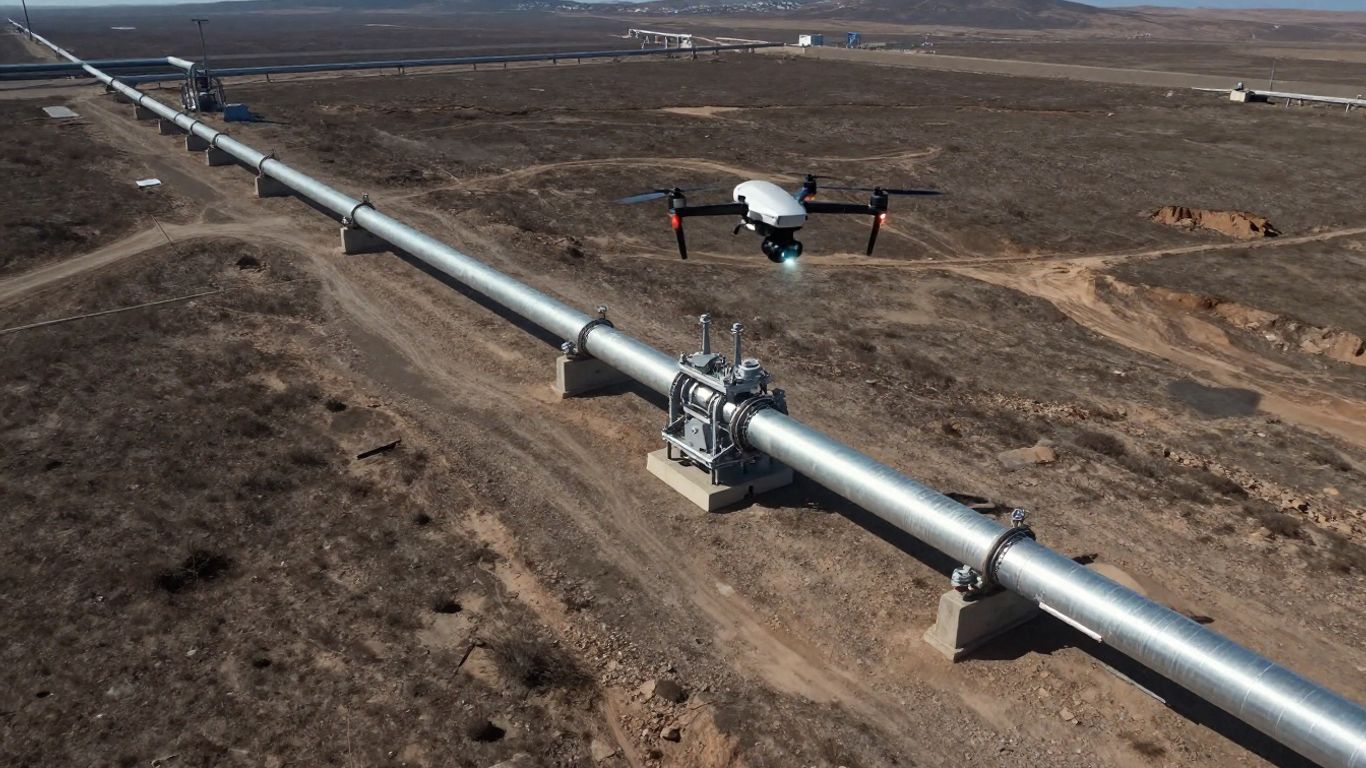 Drone inspecting industrial pipeline from above.