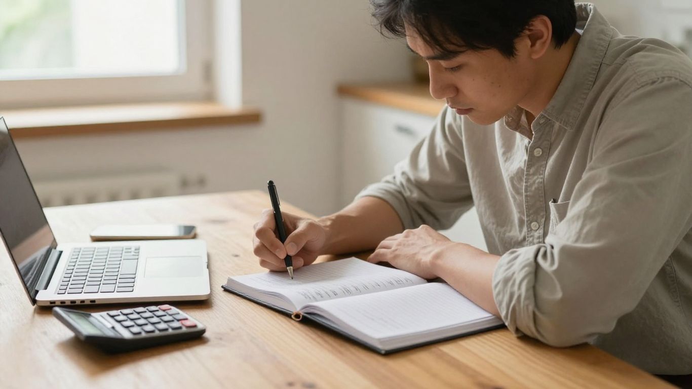 A person calmly reviewing household finances